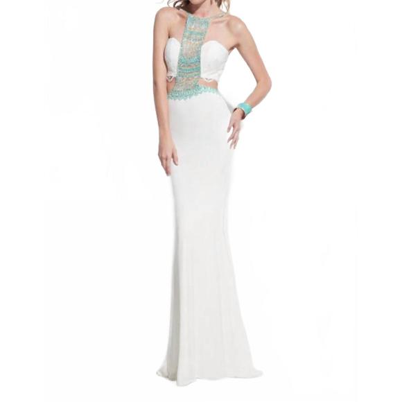 NEW RACHEL ALLAN jersey lace evening gown in white